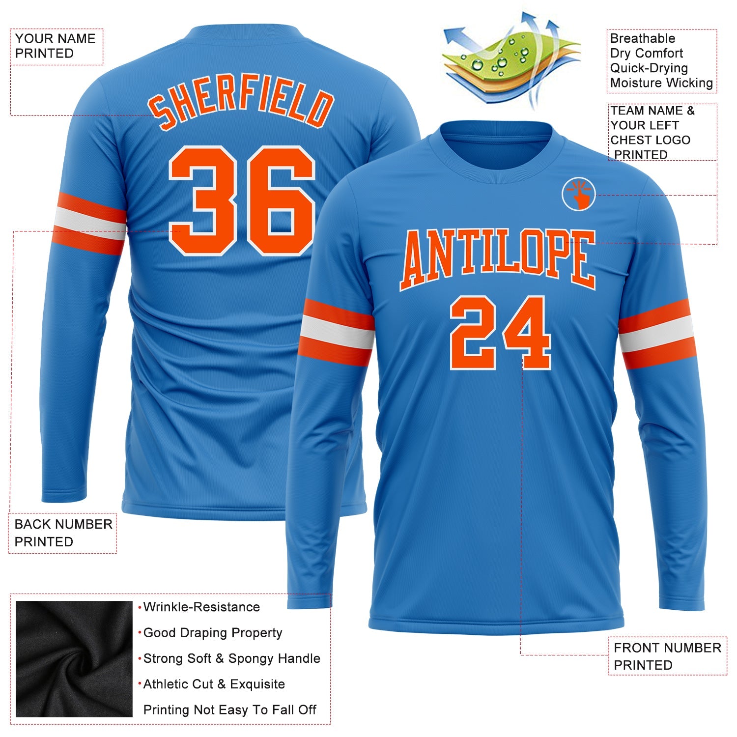 Custom Powder Blue Orange-White Long Sleeve Performance T-Shirt view 3