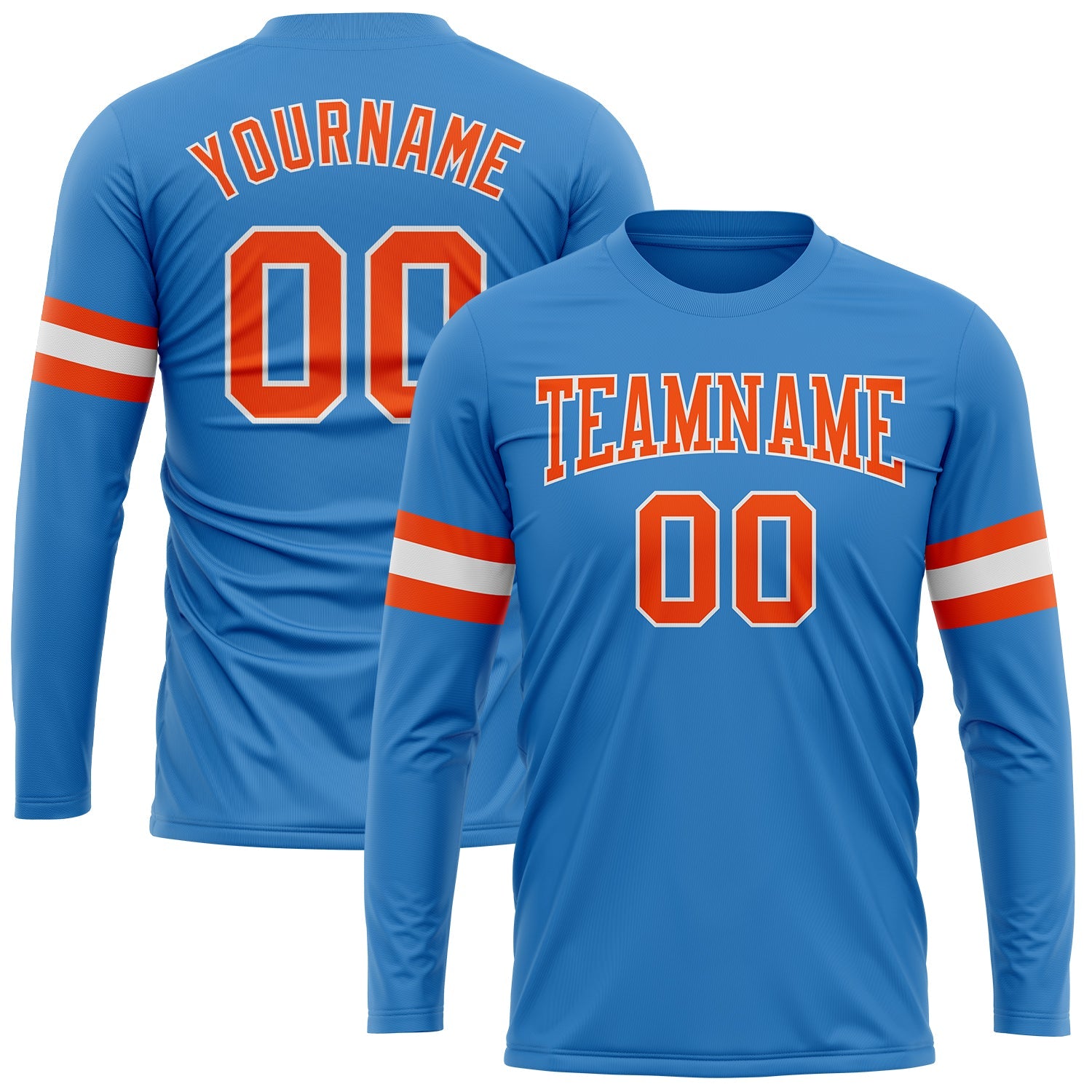 Custom Powder Blue Orange-White Long Sleeve Performance T-Shirt - Main View