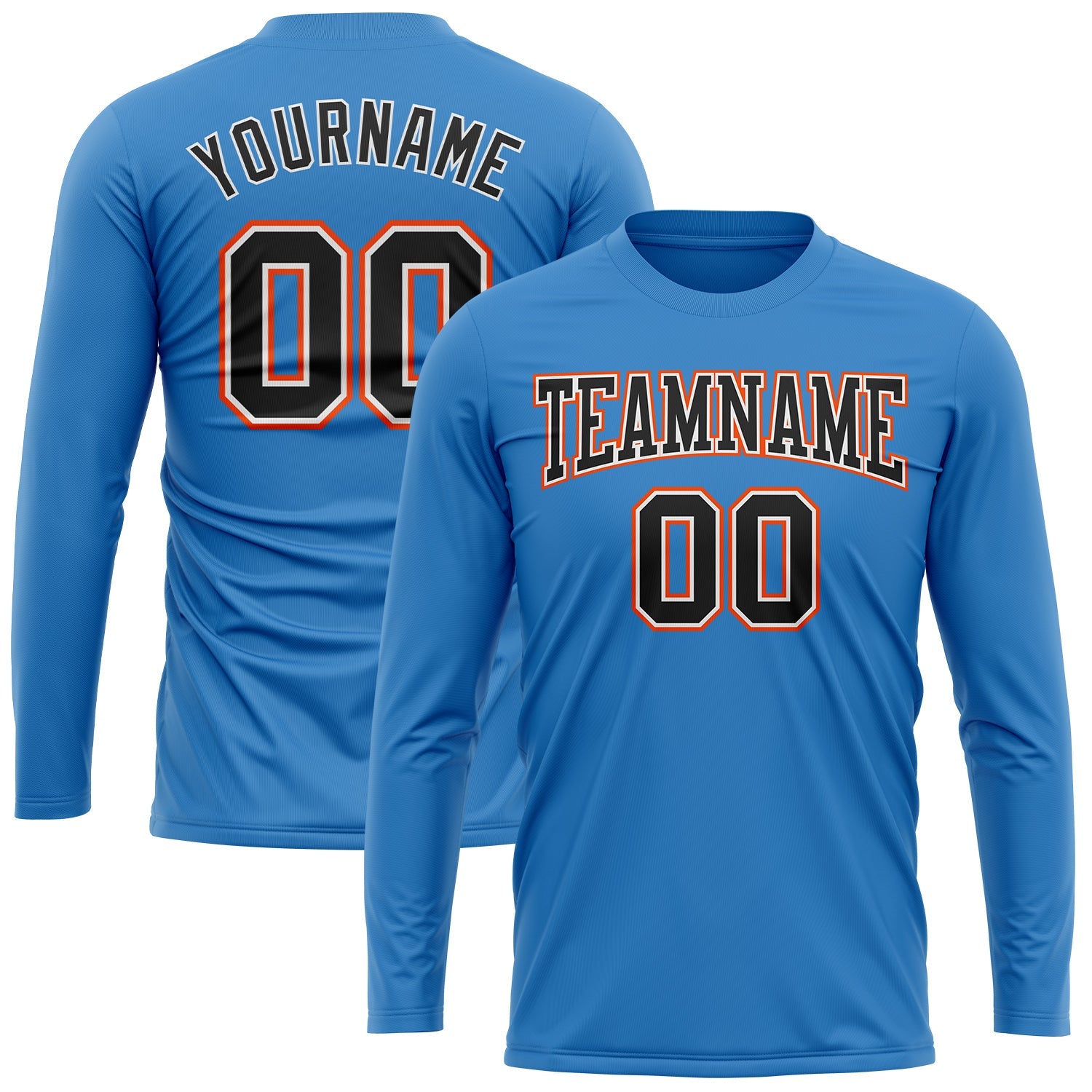 Custom Powder Blue Black White-Orange Long Sleeve Performance T-Shirt view 2