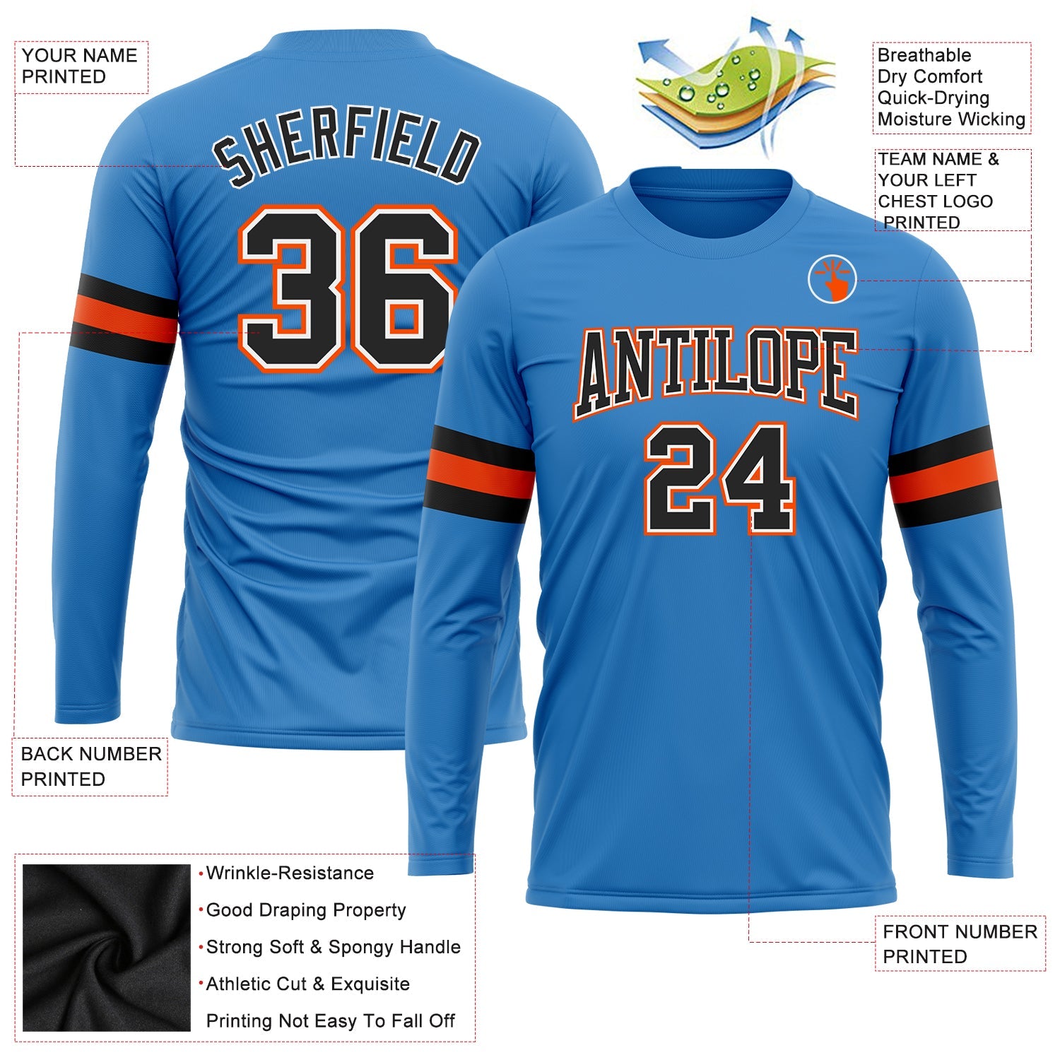 Custom Powder Blue Black White-Orange Long Sleeve Performance T-Shirt view 3