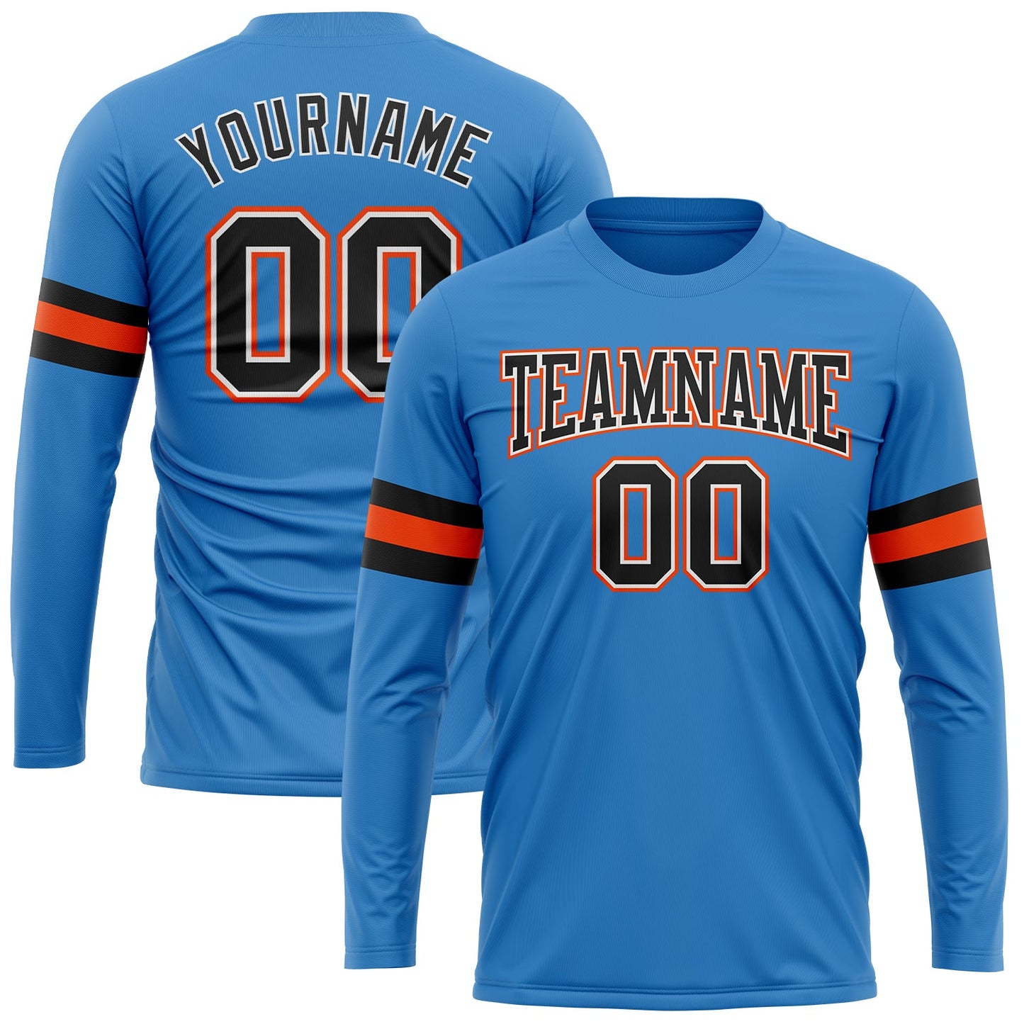 Custom Powder Blue Black White-Orange Long Sleeve Performance T-Shirt - Main View