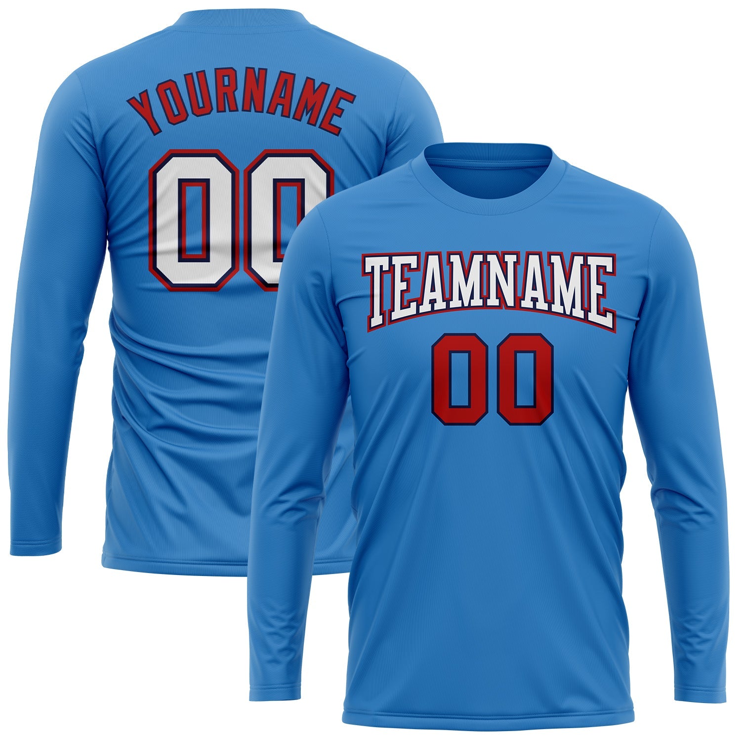 Custom Powder Blue White Red-Navy Long Sleeve Performance T-Shirt view 2