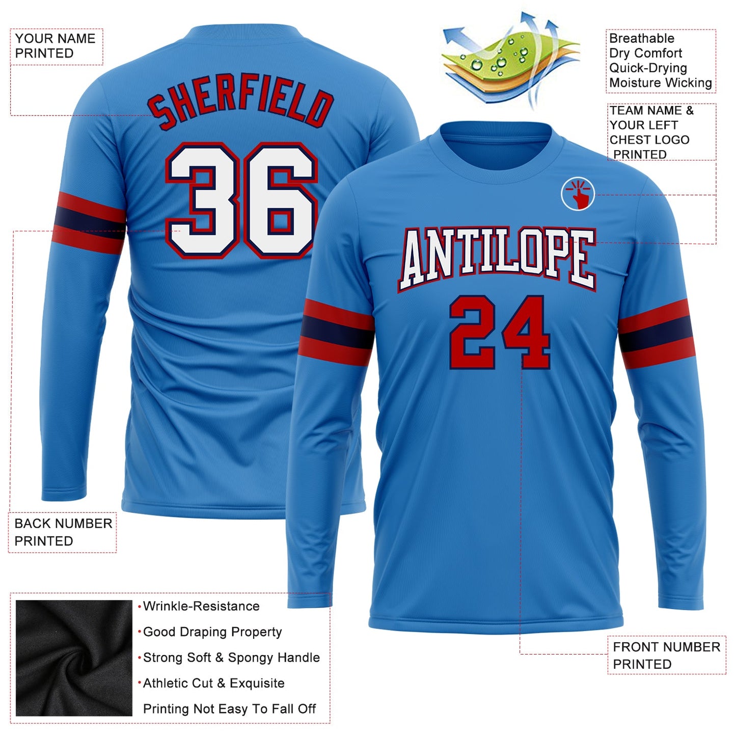 Custom Powder Blue White Red-Navy Long Sleeve Performance T-Shirt view 3