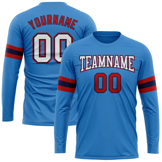 Custom Powder Blue White Red-Navy Long Sleeve Performance T-Shirt - Main View