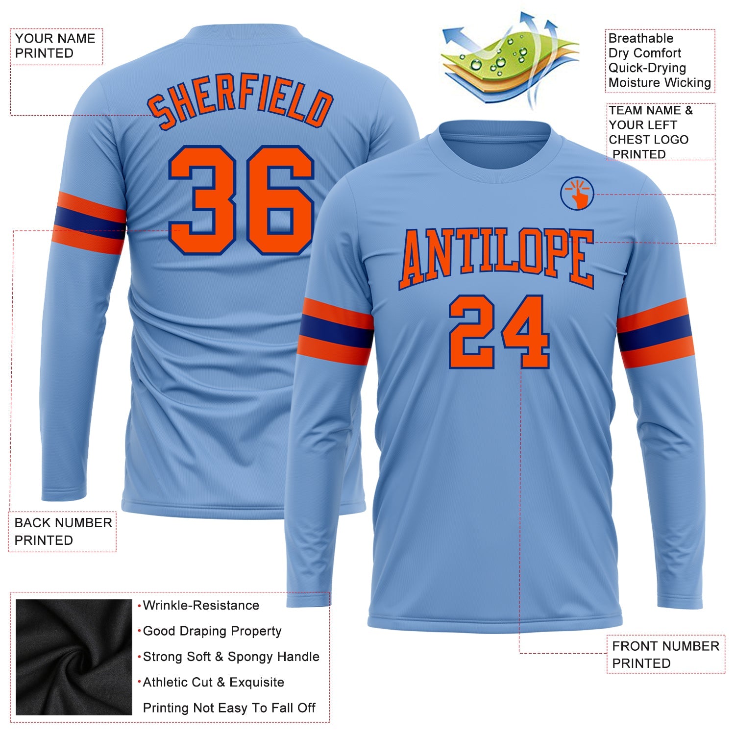 Custom Light Blue Orange-Royal Long Sleeve Performance T-Shirt view 3