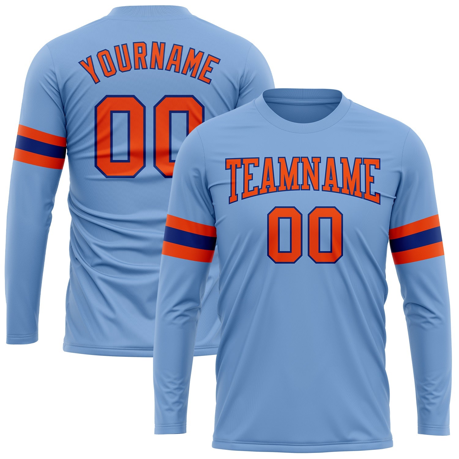 Custom Light Blue Orange-Royal Long Sleeve Performance T-Shirt - Main View