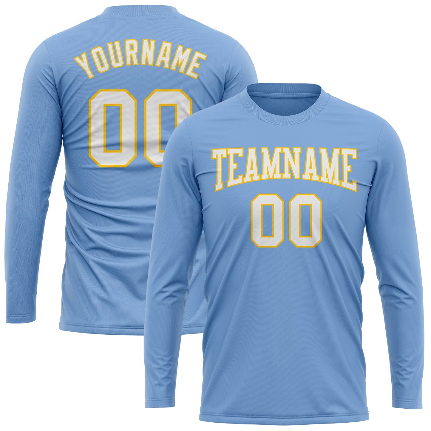 Custom Light Blue White-Gold Long Sleeve Performance T-Shirt view 2