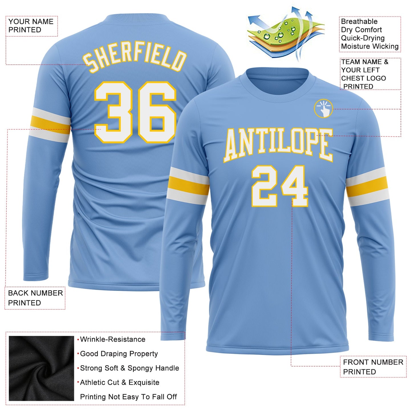 Custom Light Blue White-Gold Long Sleeve Performance T-Shirt view 3