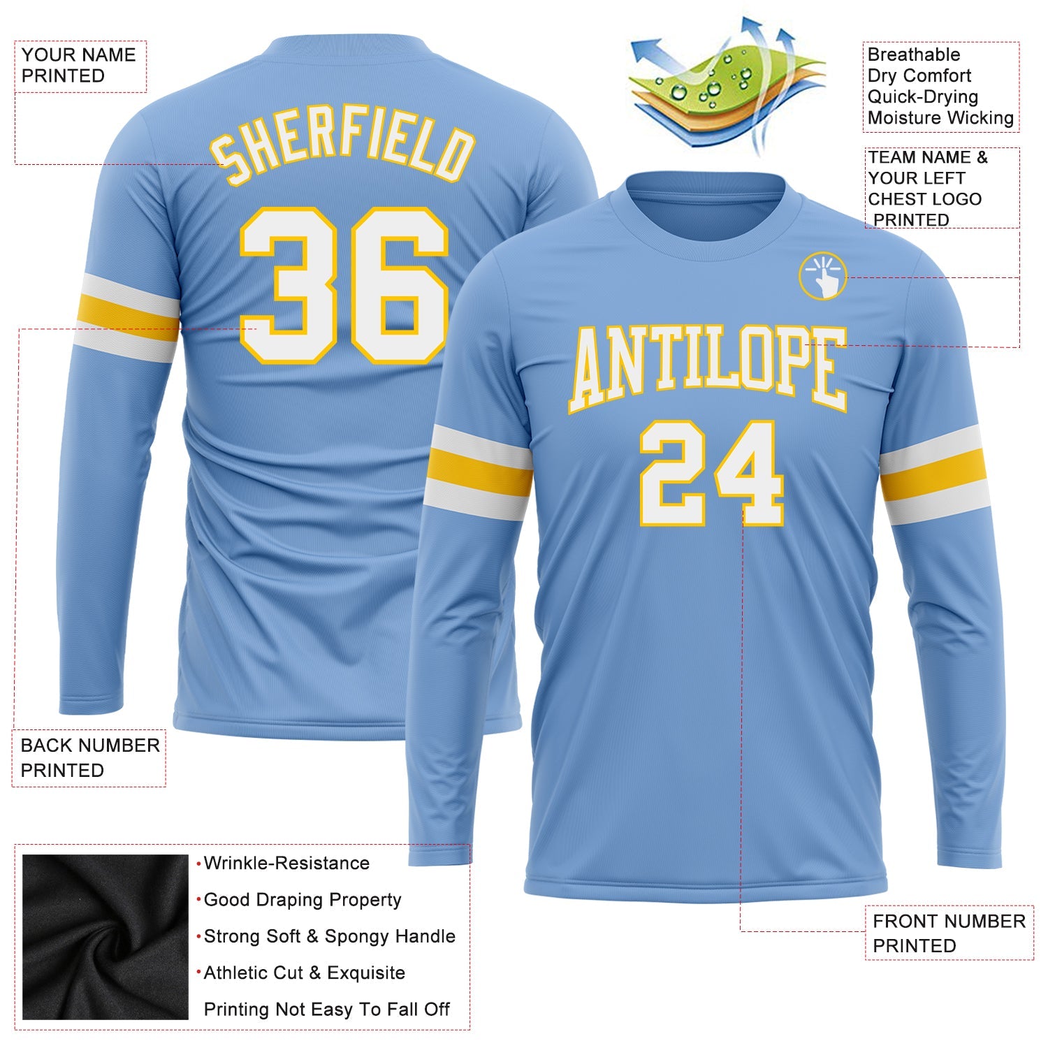 Custom Light Blue White-Gold Long Sleeve Performance T-Shirt view 3
