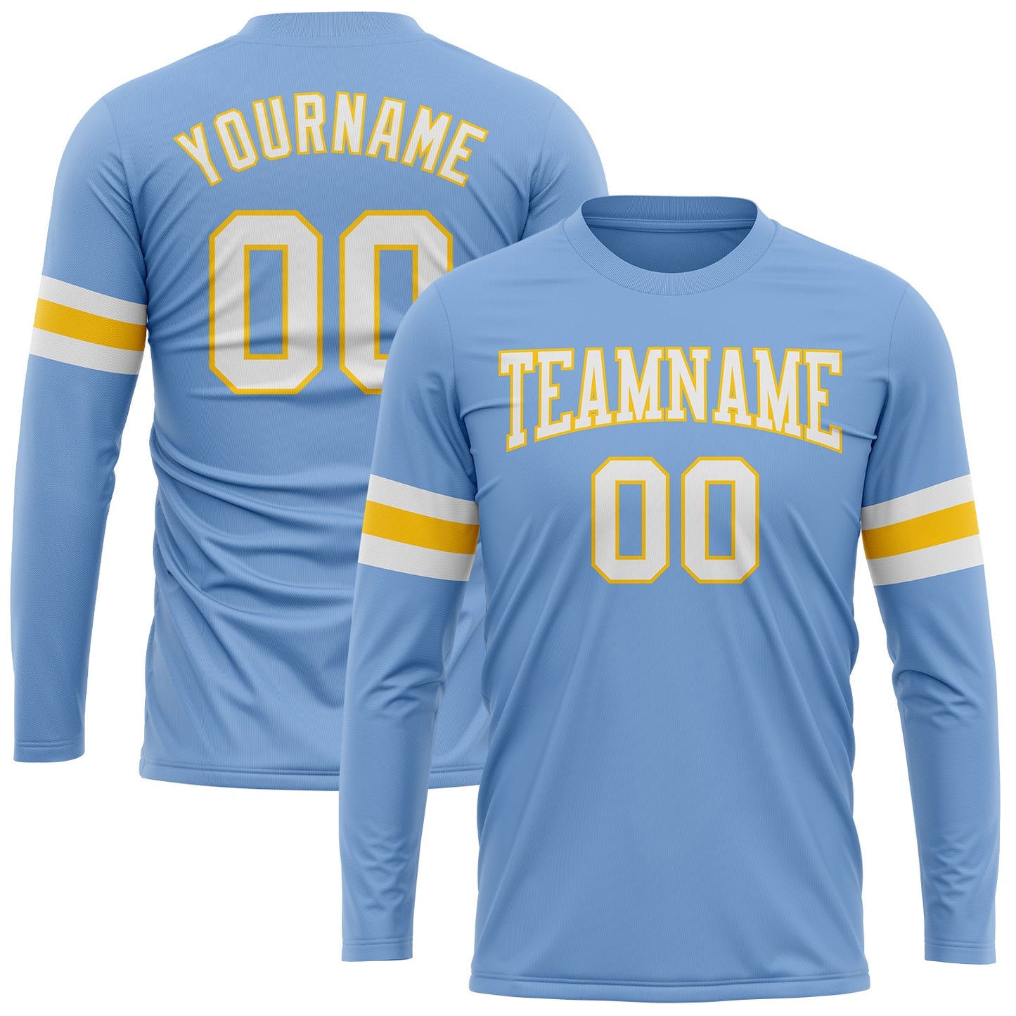 Custom Light Blue White-Gold Long Sleeve Performance T-Shirt - Main View