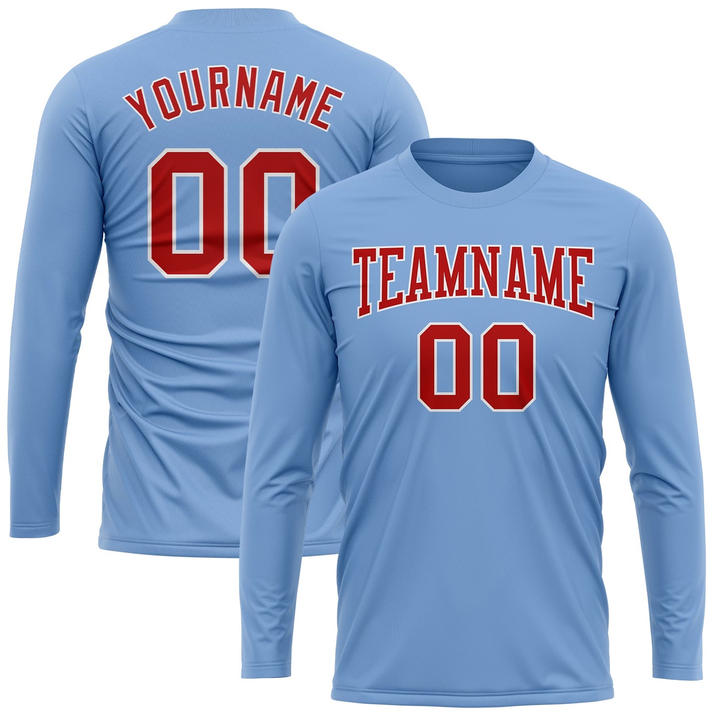 Custom Light Blue Red-White Long Sleeve Performance T-Shirt view 2