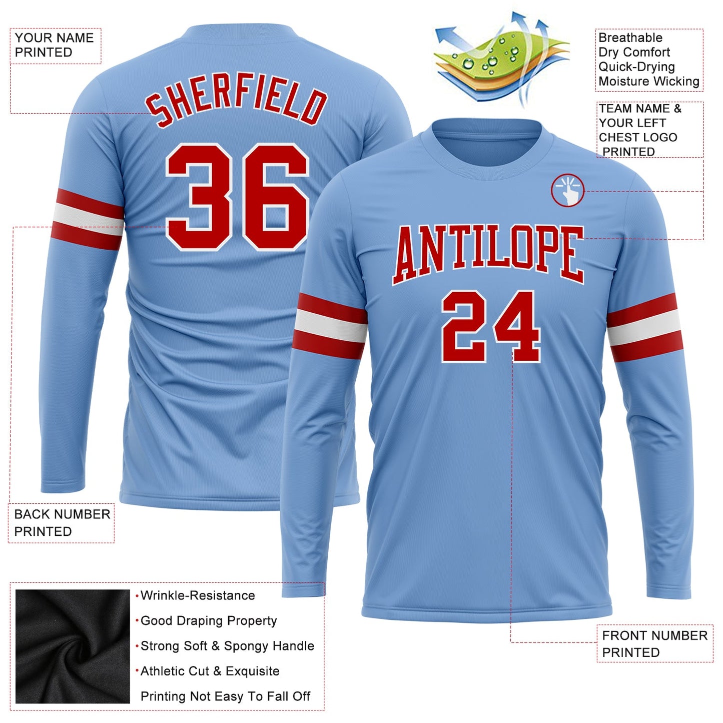 Custom Light Blue Red-White Long Sleeve Performance T-Shirt view 3
