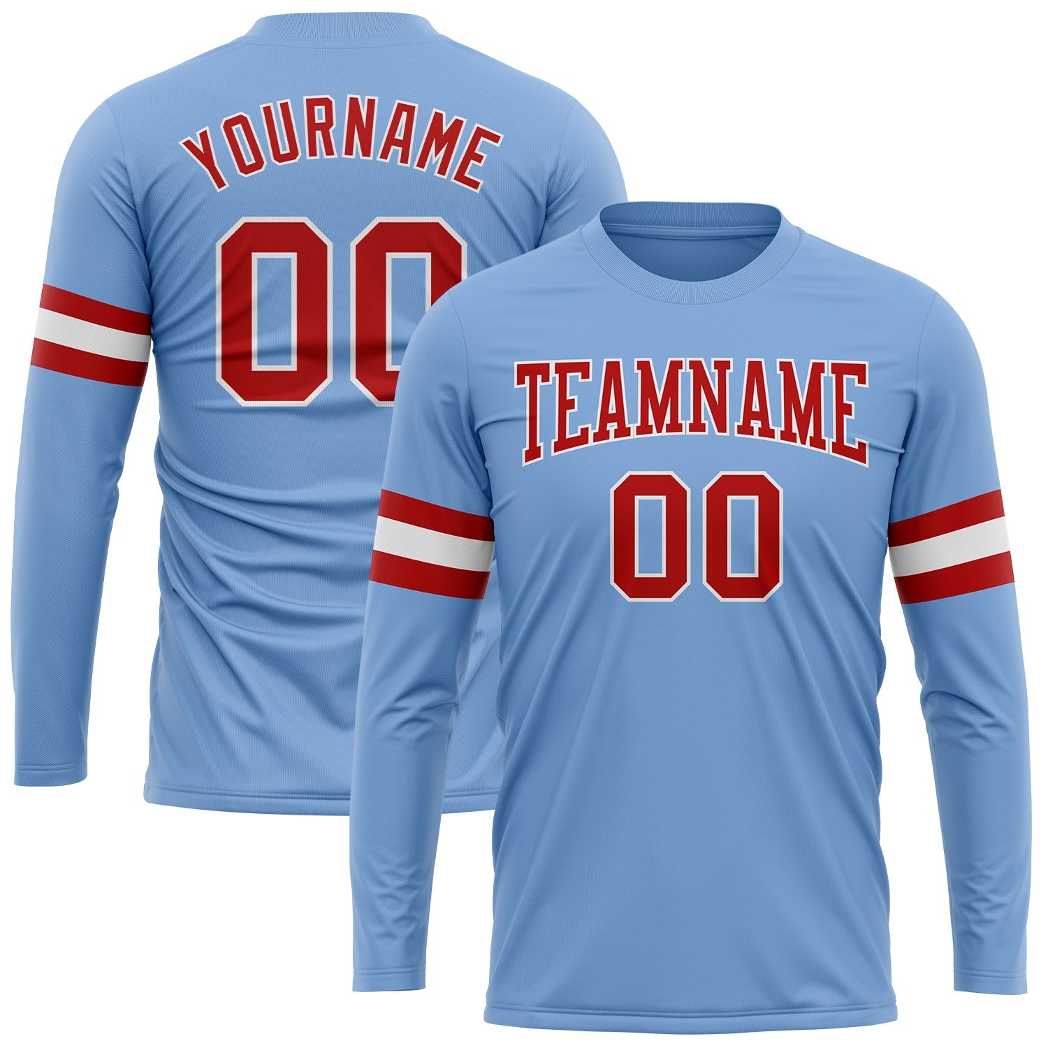 Custom Light Blue Red-White Long Sleeve Performance T-Shirt - Main View