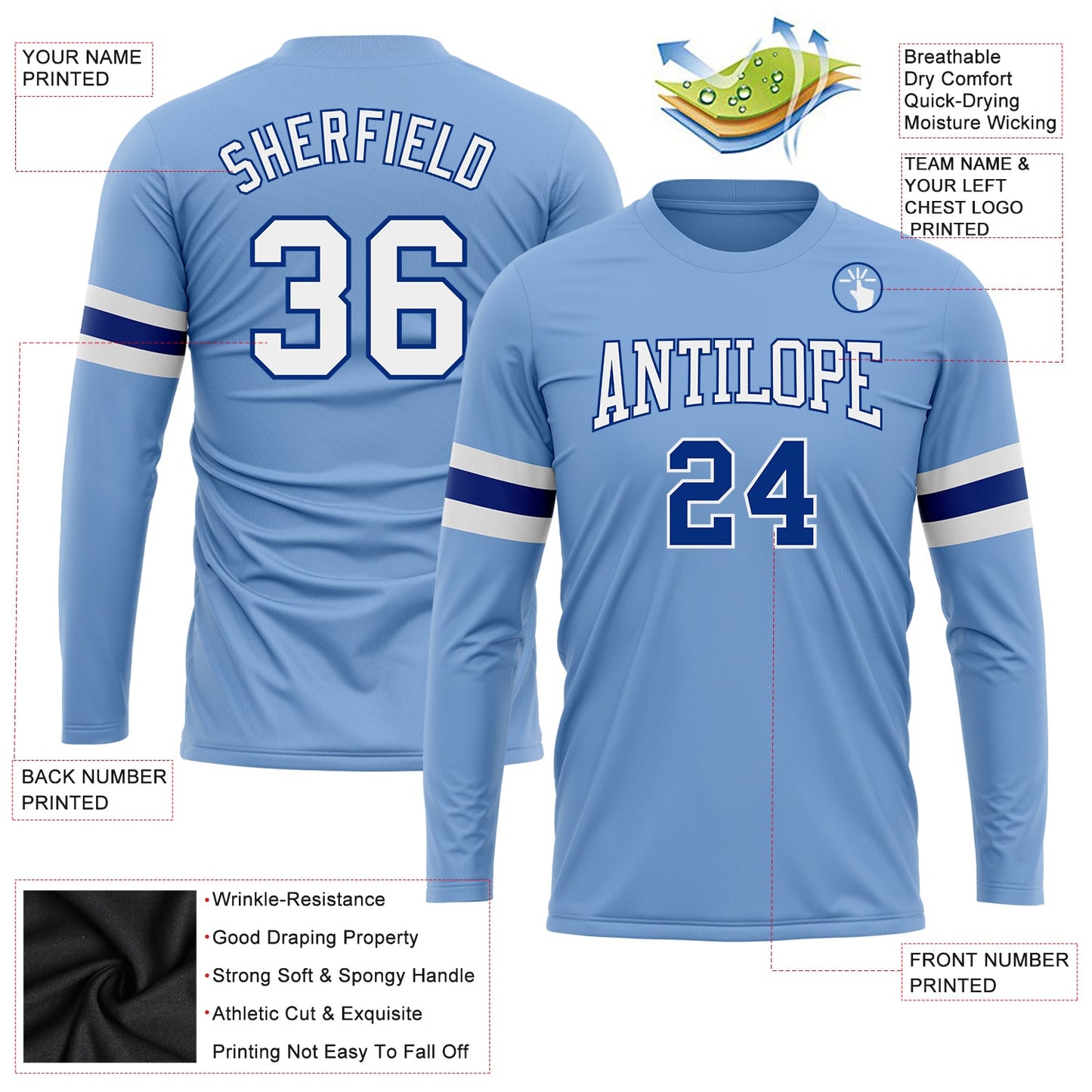 Custom Light Blue White-Royal Long Sleeve Performance T-Shirt view 3