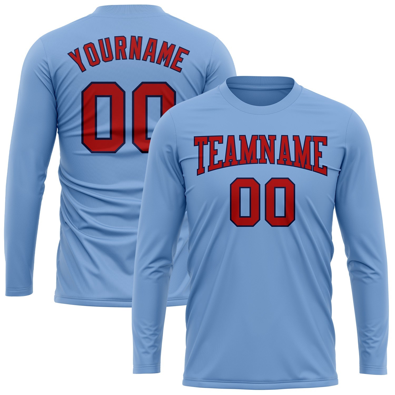 Custom Light Blue Red-Navy Long Sleeve Performance T-Shirt view 2