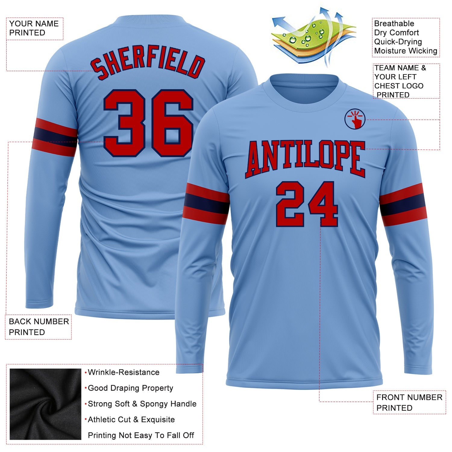Custom Light Blue Red-Navy Long Sleeve Performance T-Shirt view 3