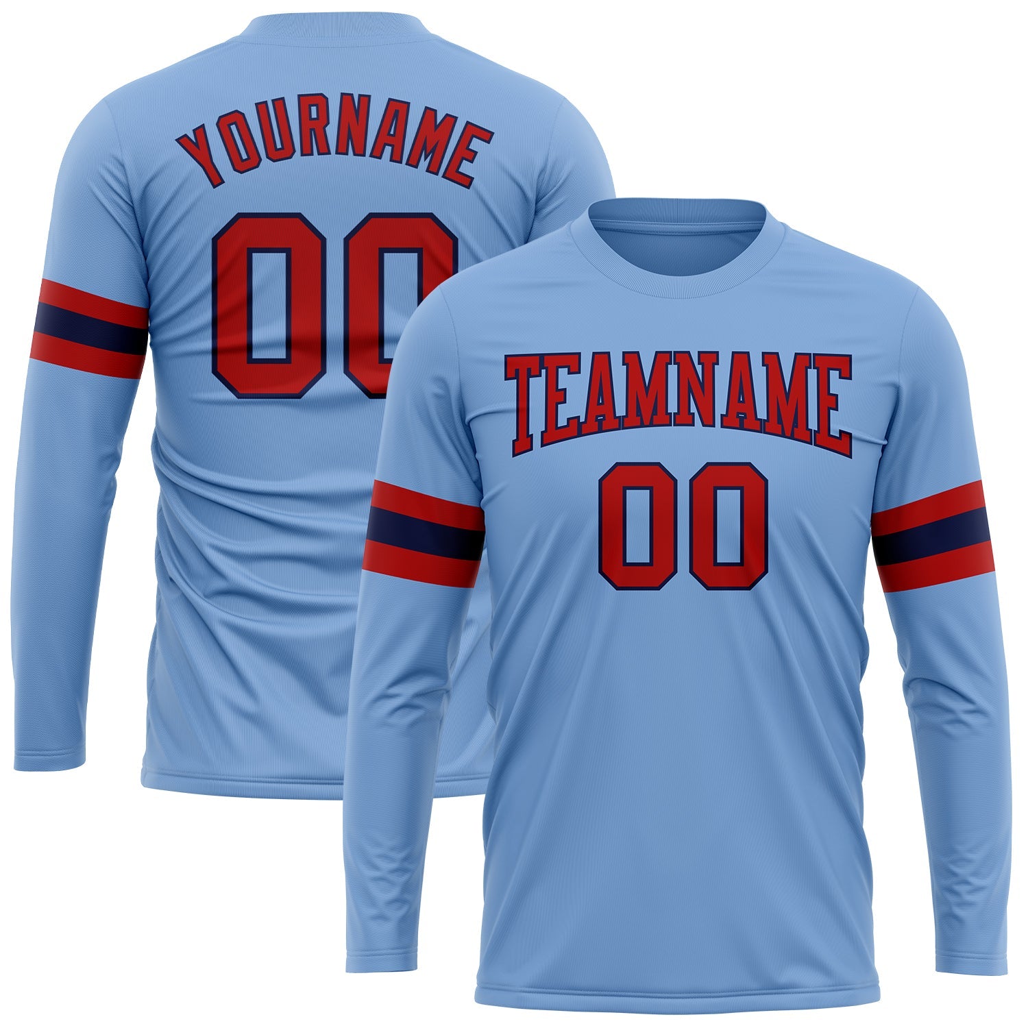 Custom Light Blue Red-Navy Long Sleeve Performance T-Shirt - Main View