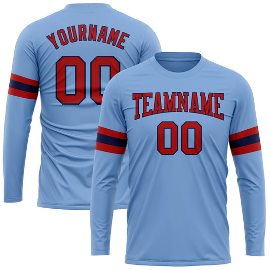 Custom Light Blue Red-Navy Long Sleeve Performance T-Shirt - Main View