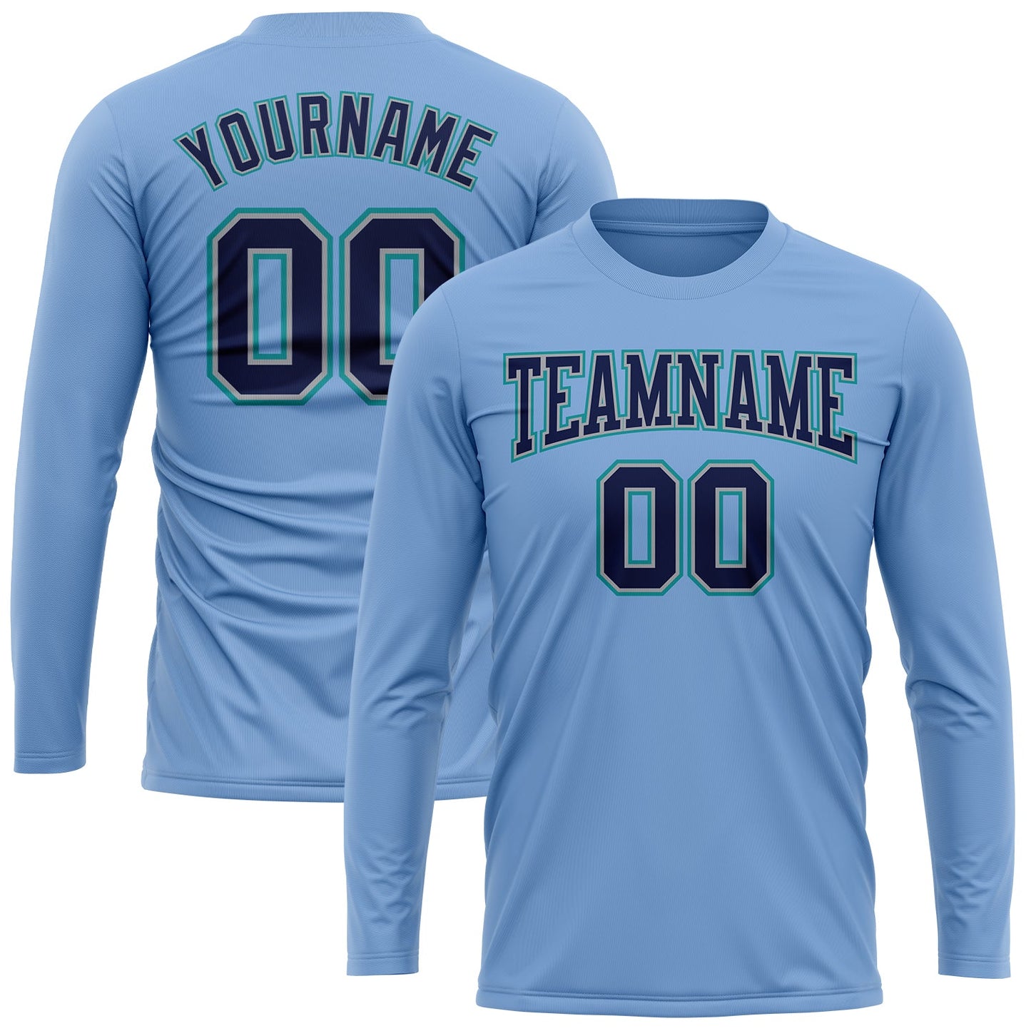 Custom Light Blue Navy Gray-Aqua Long Sleeve Performance T-Shirt view 2