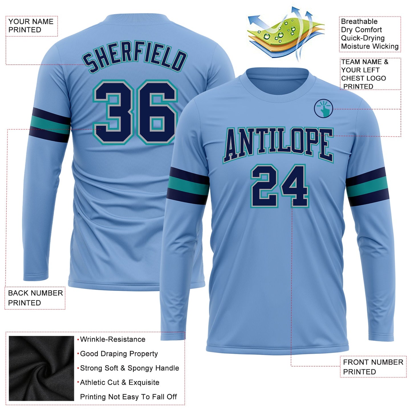 Custom Light Blue Navy Gray-Aqua Long Sleeve Performance T-Shirt view 3