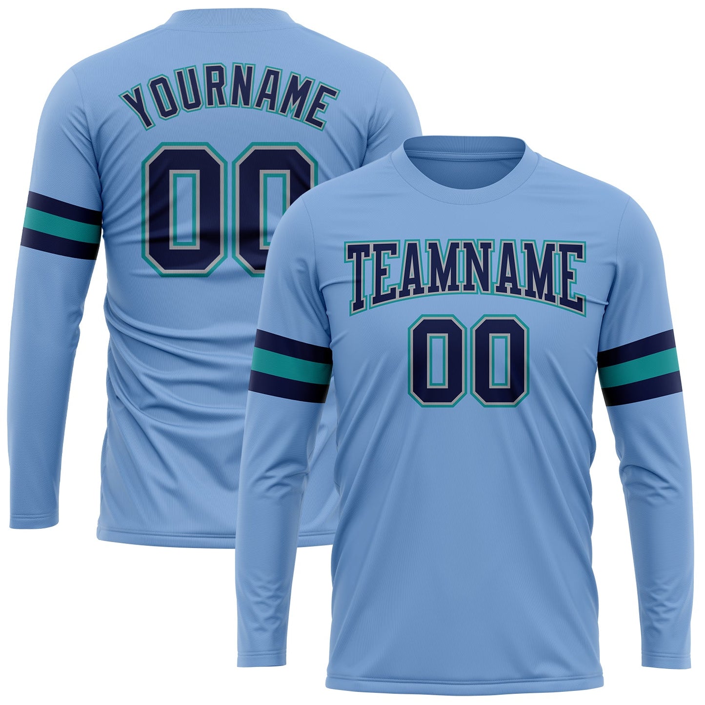 Custom Light Blue Navy Gray-Aqua Long Sleeve Performance T-Shirt - Main View