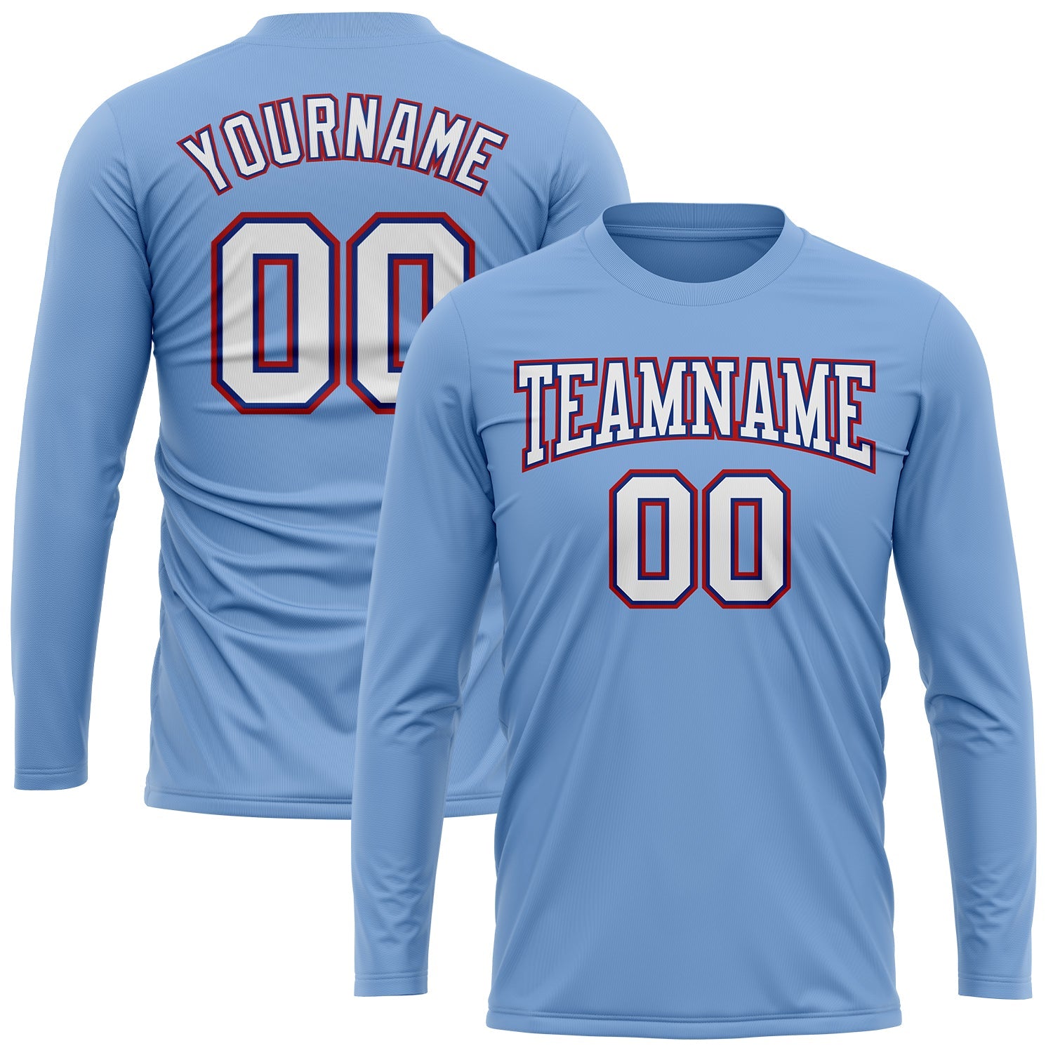 Custom Light Blue White Royal-Red Long Sleeve Performance T-Shirt view 2