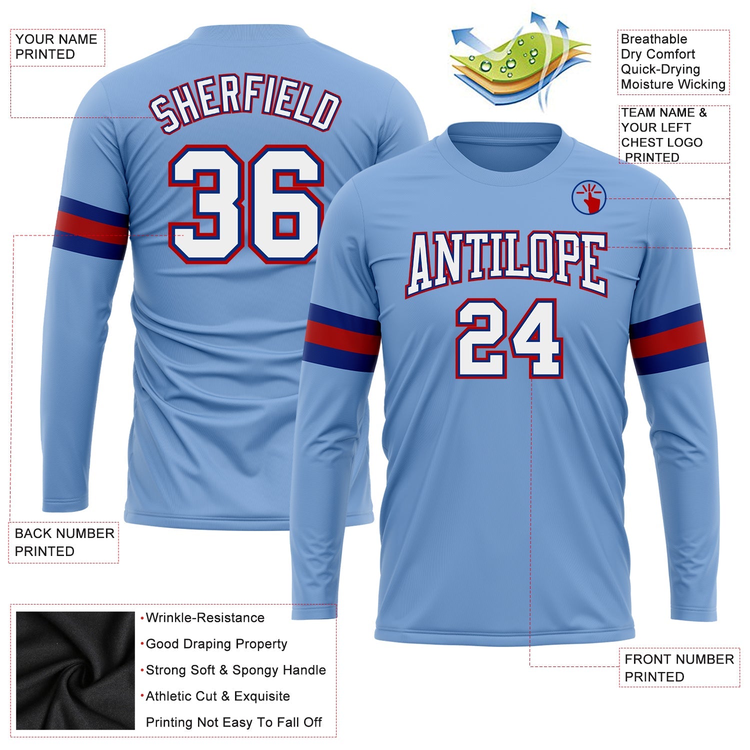 Custom Light Blue White Royal-Red Long Sleeve Performance T-Shirt view 3