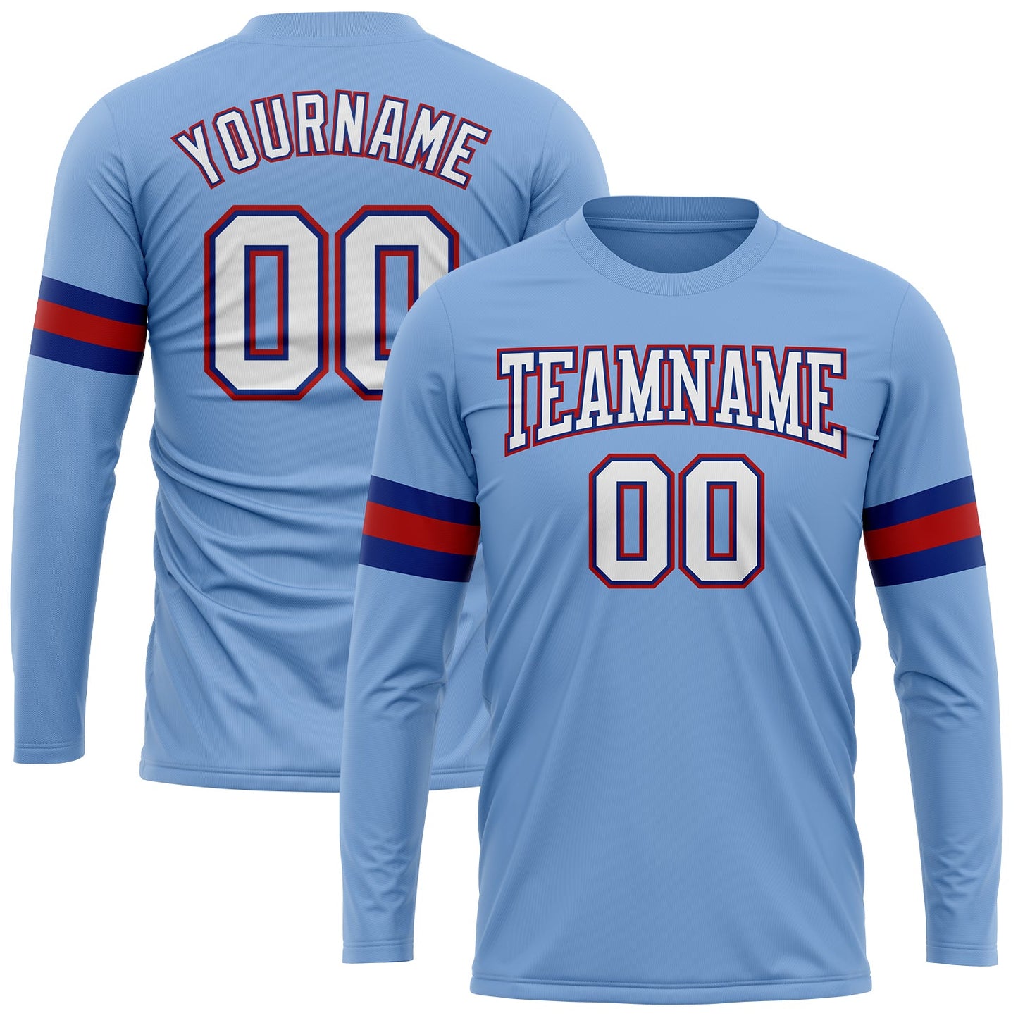 Custom Light Blue White Royal-Red Long Sleeve Performance T-Shirt - Main View