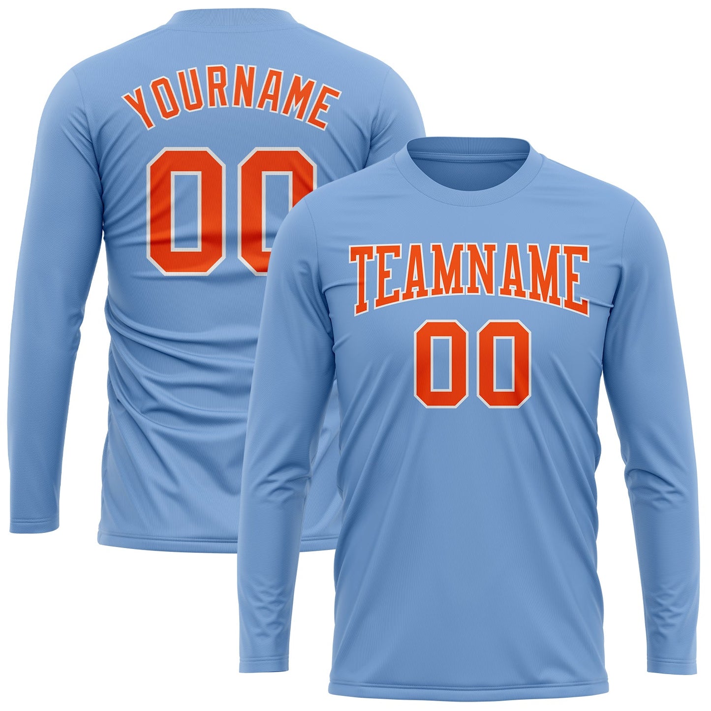 Custom Light Blue Orange-White Long Sleeve Performance T-Shirt view 2