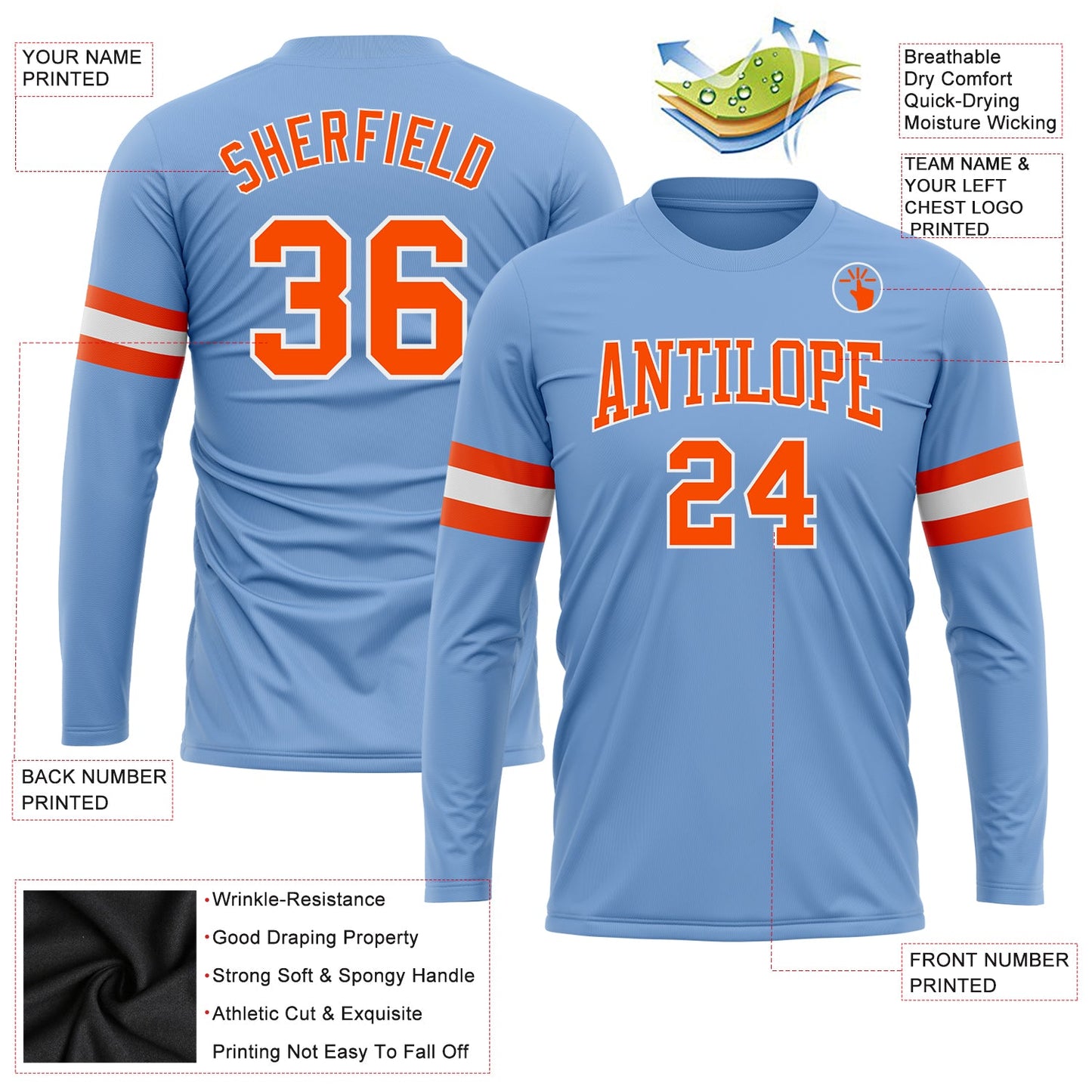 Custom Light Blue Orange-White Long Sleeve Performance T-Shirt view 3