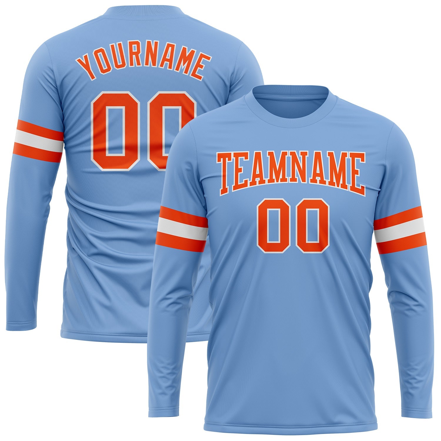 Custom Light Blue Orange-White Long Sleeve Performance T-Shirt - Main View