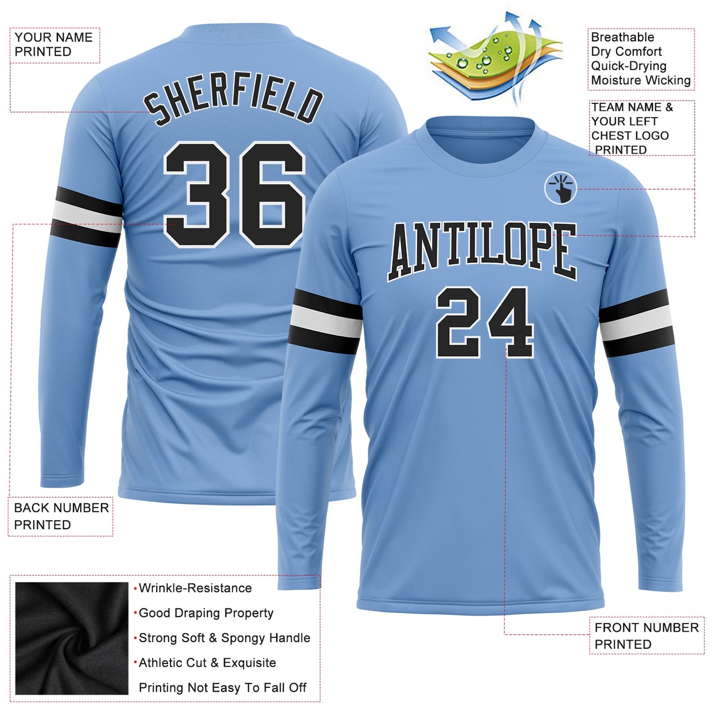 Custom Light Blue Black-White Long Sleeve Performance T-Shirt view 3