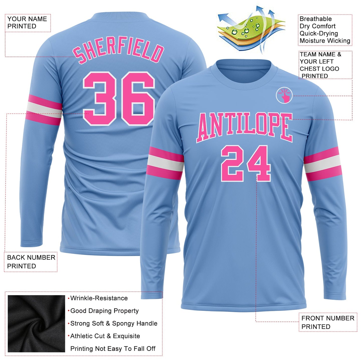 Custom Light Blue Pink-White Long Sleeve Performance T-Shirt view 3