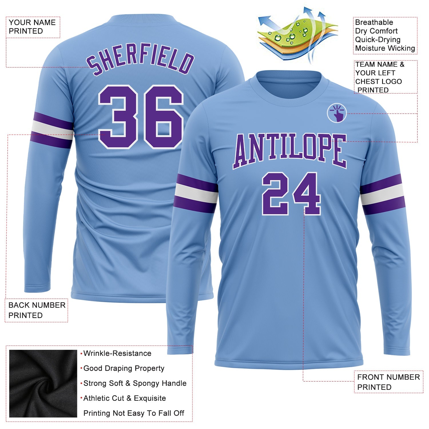 Custom Light Blue Purple-White Long Sleeve Performance T-Shirt view 3