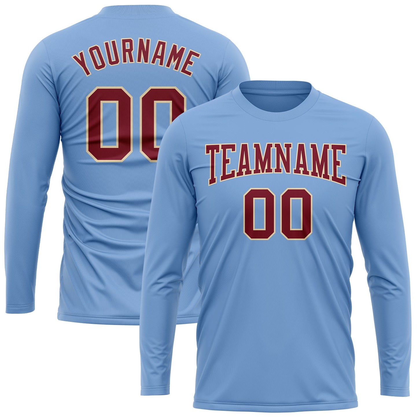 Custom Light Blue Crimson-Cream Long Sleeve Performance T-Shirt view 2