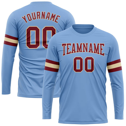 Custom Light Blue Crimson-Cream Long Sleeve Performance T-Shirt - Main View
