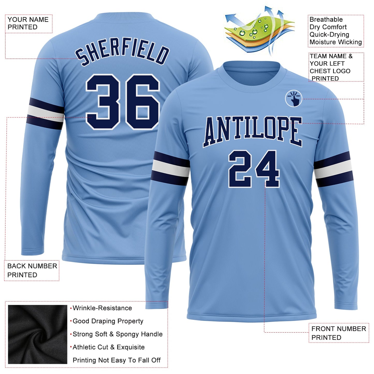 Custom Light Blue Navy-White Long Sleeve Performance T-Shirt view 3
