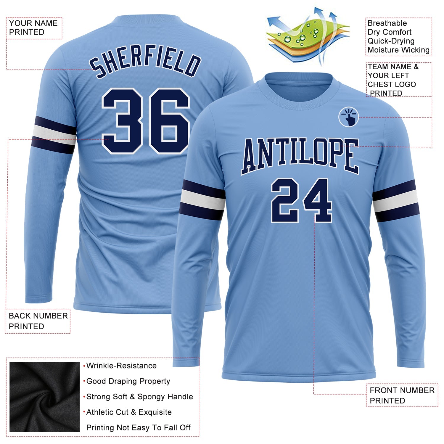 Custom Light Blue Navy-White Long Sleeve Performance T-Shirt view 3