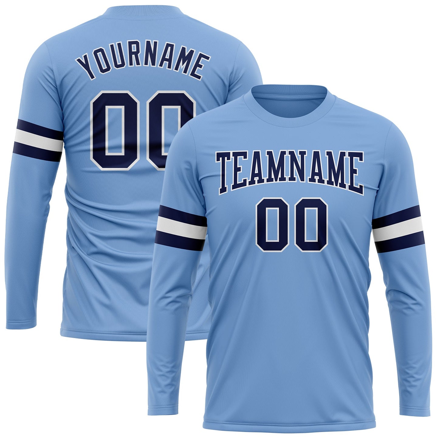 Custom Light Blue Navy-White Long Sleeve Performance T-Shirt - Main View