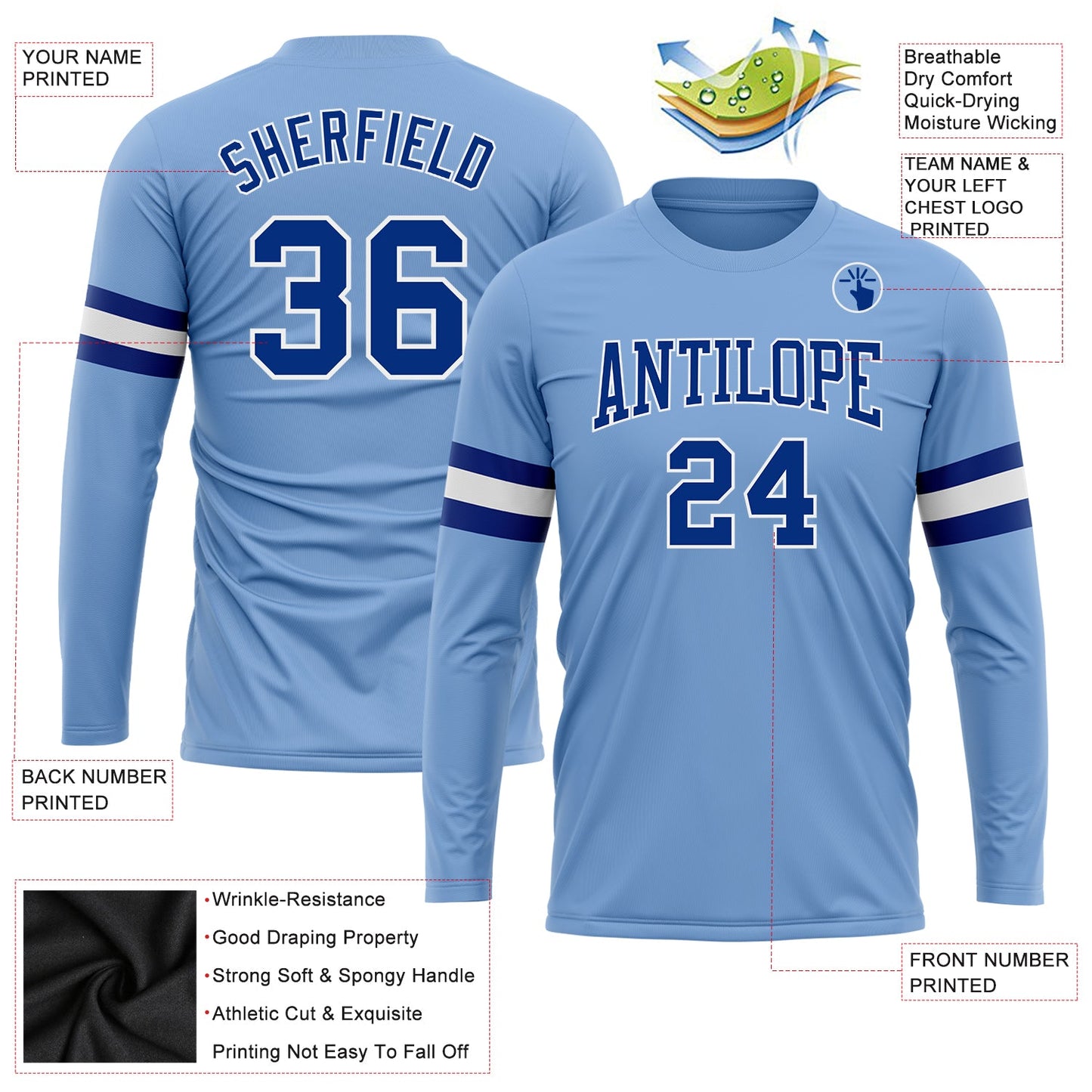 Custom Light Blue Royal-White Long Sleeve Performance T-Shirt view 3
