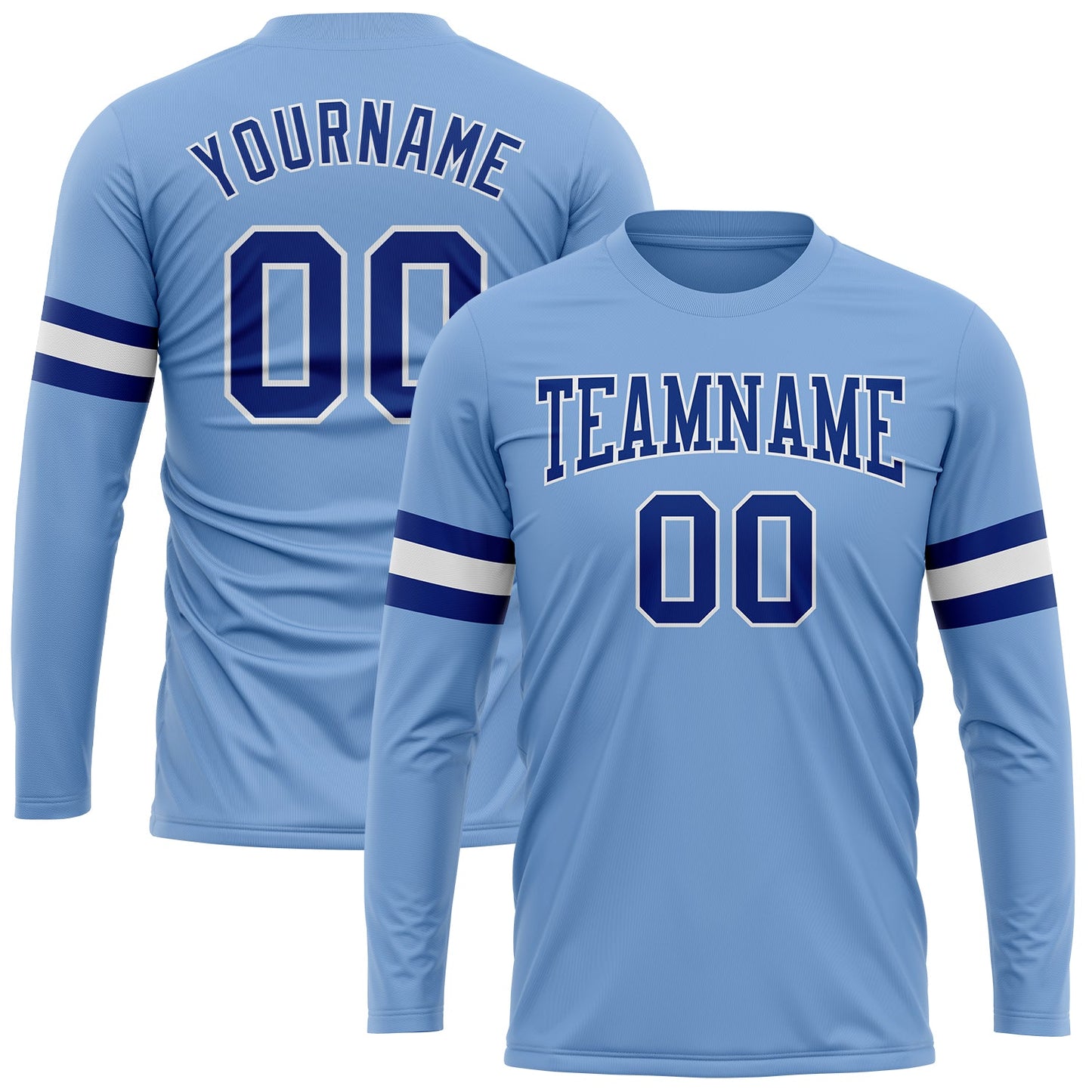 Custom Light Blue Royal-White Long Sleeve Performance T-Shirt - Main View