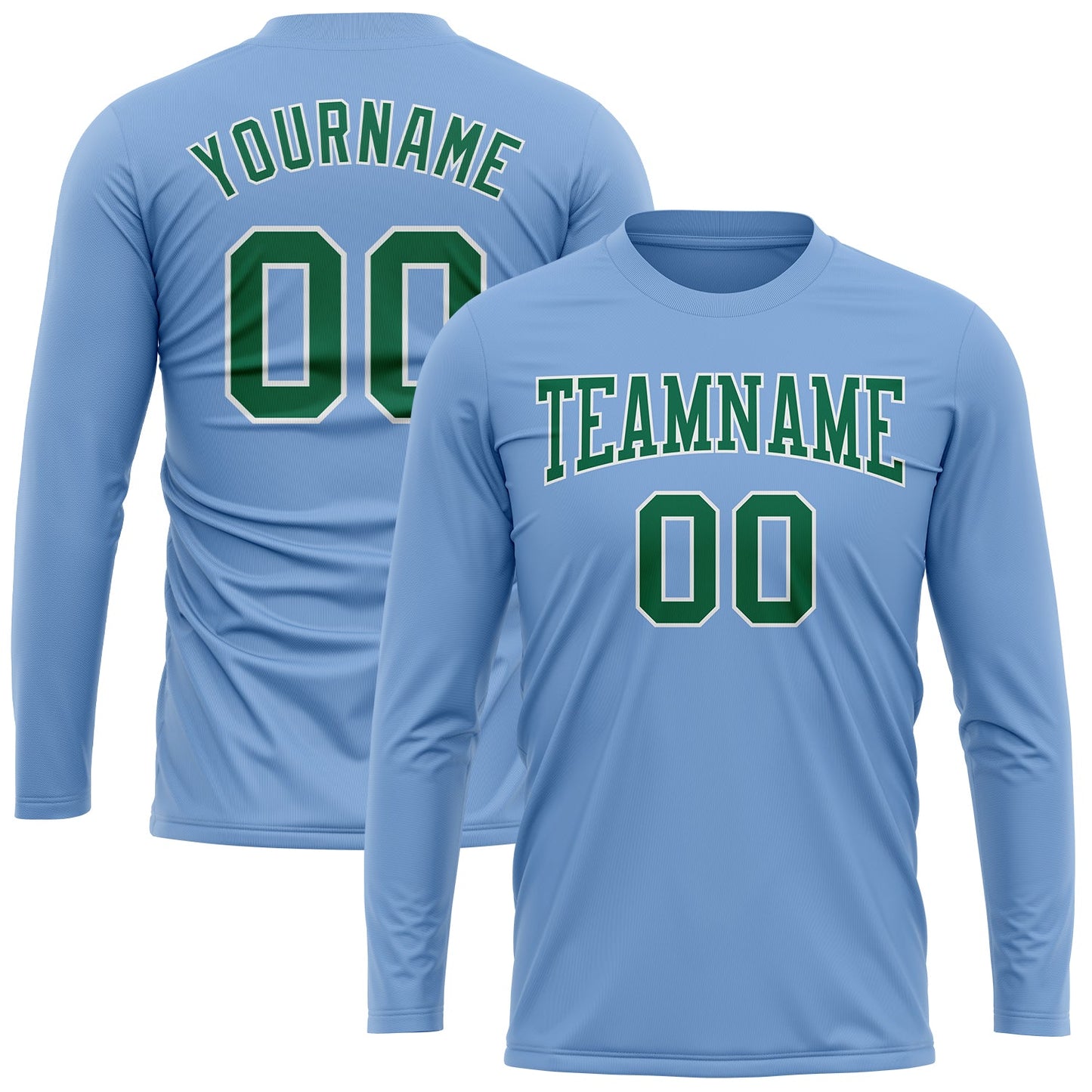 Custom Light Blue Kelly Green-White Long Sleeve Performance T-Shirt view 2