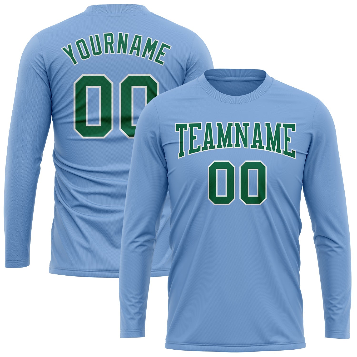 Custom Light Blue Kelly Green-White Long Sleeve Performance T-Shirt view 2