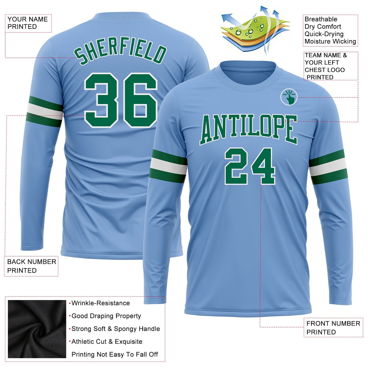 Custom Light Blue Kelly Green-White Long Sleeve Performance T-Shirt view 3