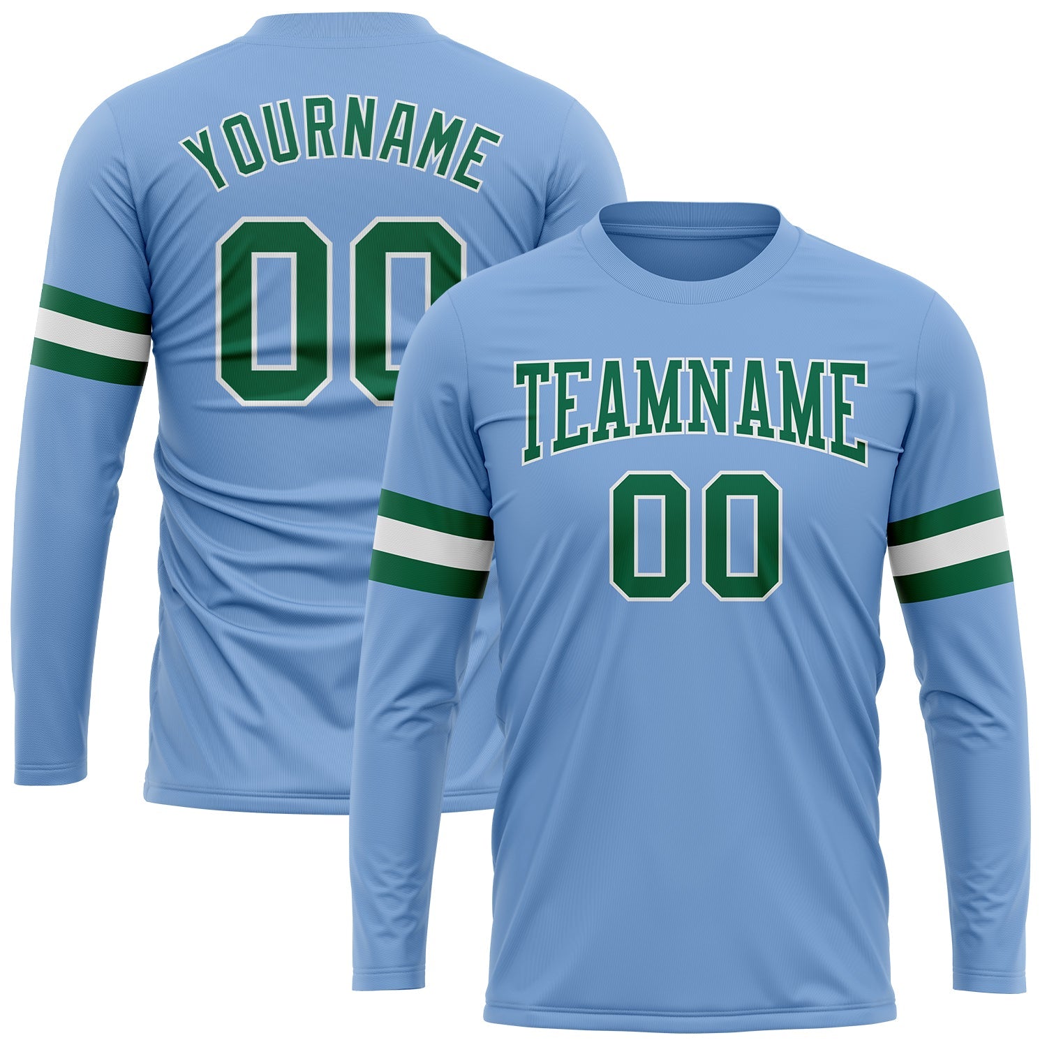 Custom Light Blue Kelly Green-White Long Sleeve Performance T-Shirt - Main View