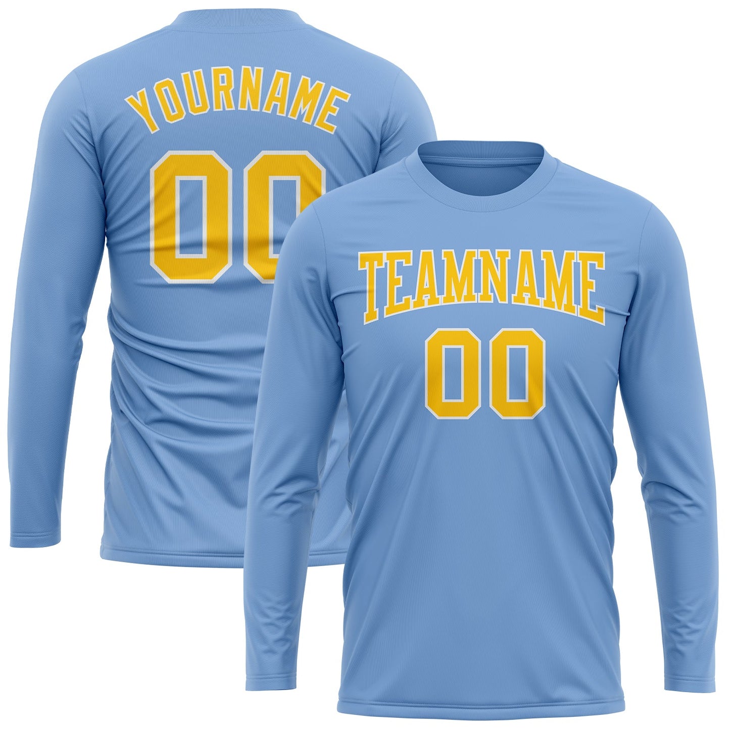 Custom Light Blue Gold-White Long Sleeve Performance T-Shirt view 2