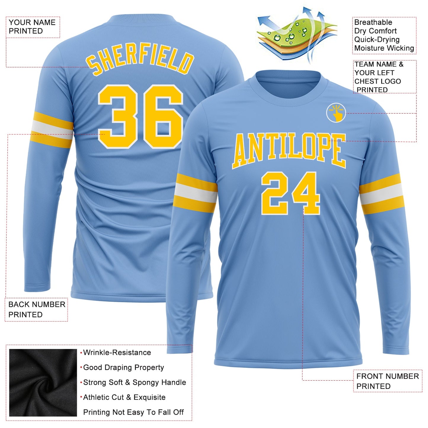 Custom Light Blue Gold-White Long Sleeve Performance T-Shirt view 3