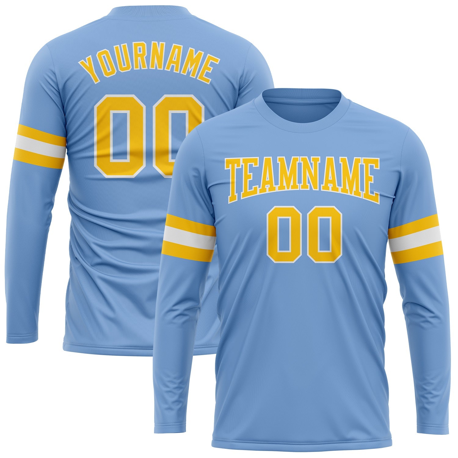 Custom Light Blue Gold-White Long Sleeve Performance T-Shirt - Main View