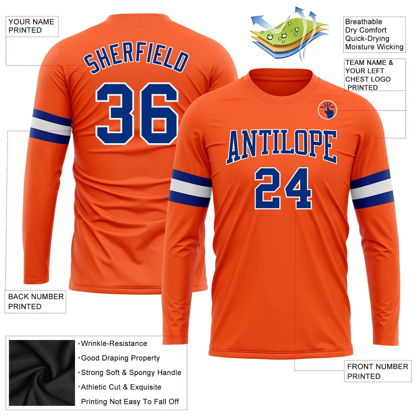 Custom Orange Royal-White Long Sleeve Performance T-Shirt view 3
