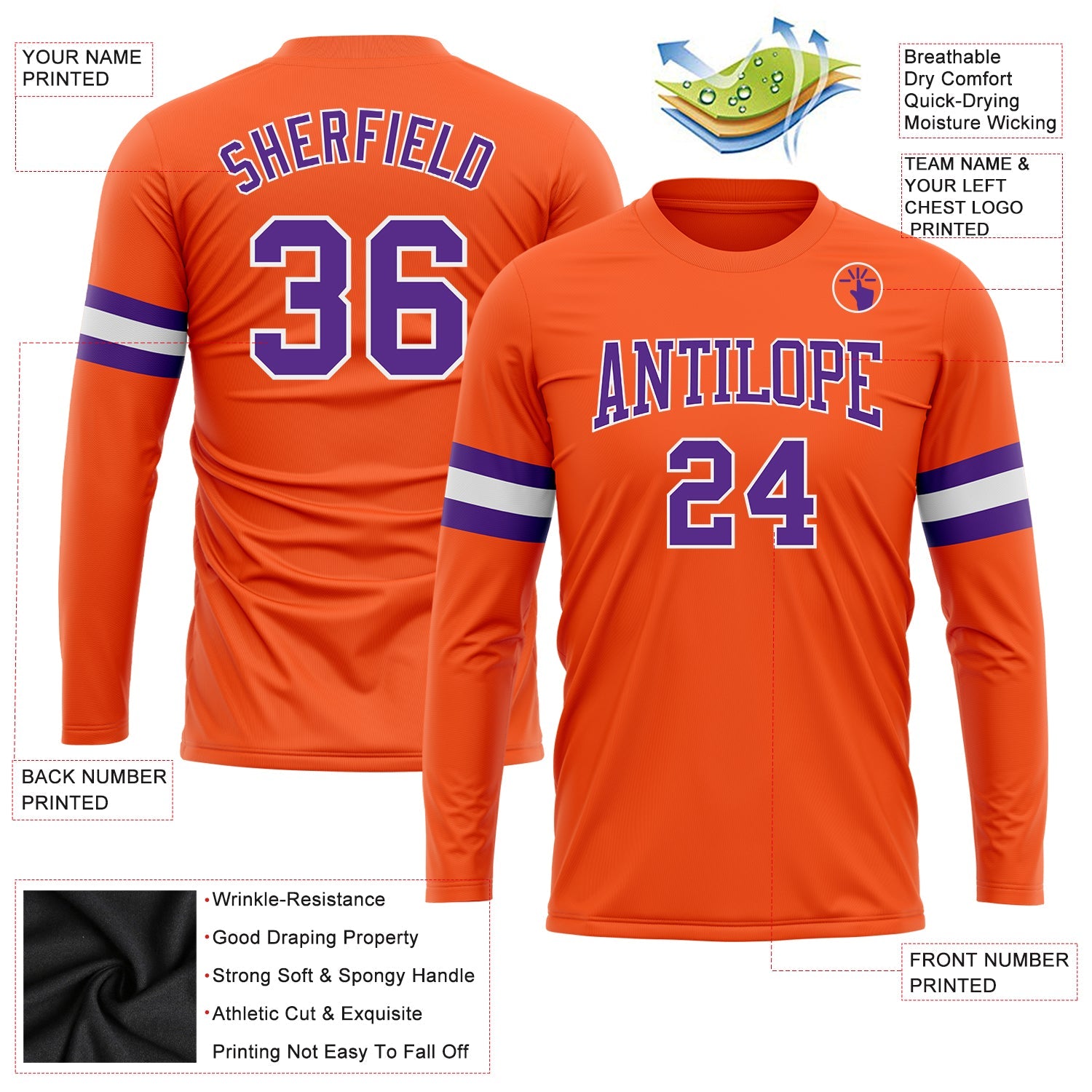 Custom Orange Purple-White Long Sleeve Performance T-Shirt view 3